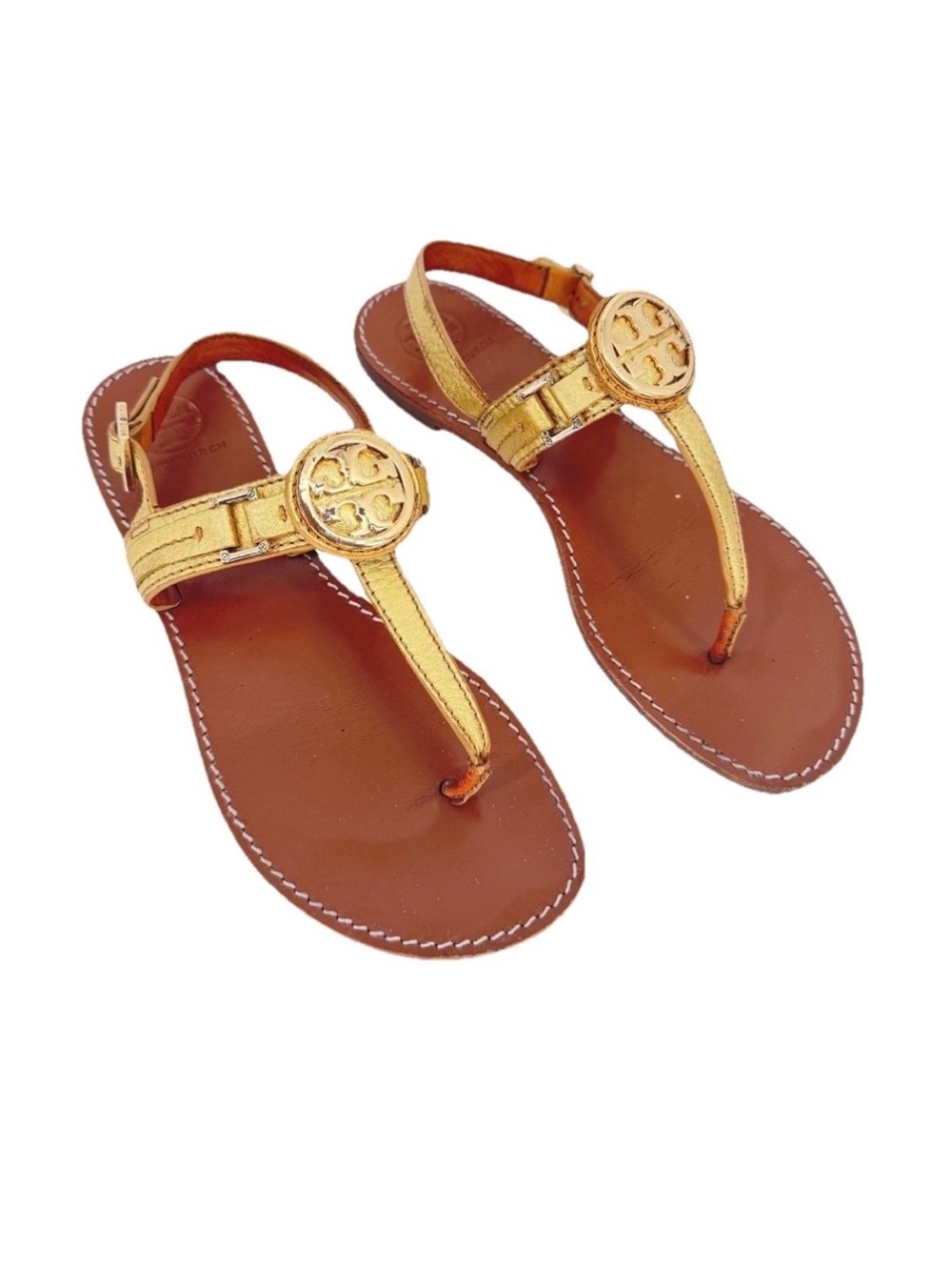 Tory Burch Cassia Slingback Sandals Sz 9.5 Gold Double T Metal Logo Medallion